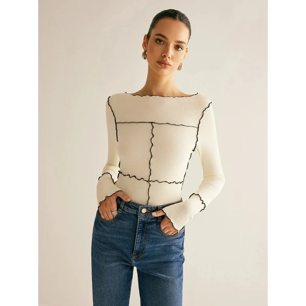 Commense‎ Deep Burgundy Ribbed Lettuce Hem Seam Detail Long Sleeve Top Small - Picture 5 of 13